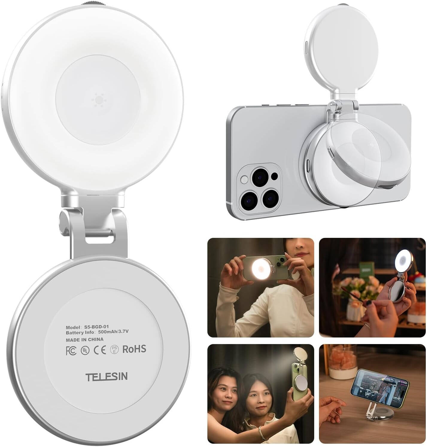 TELESIN C03 magnetic selfie ring light with mirror for smartphone