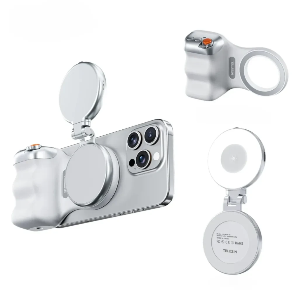 TELESIN C03 magnetic selfie ring light paired with TELESIN Fun Shot phone grip