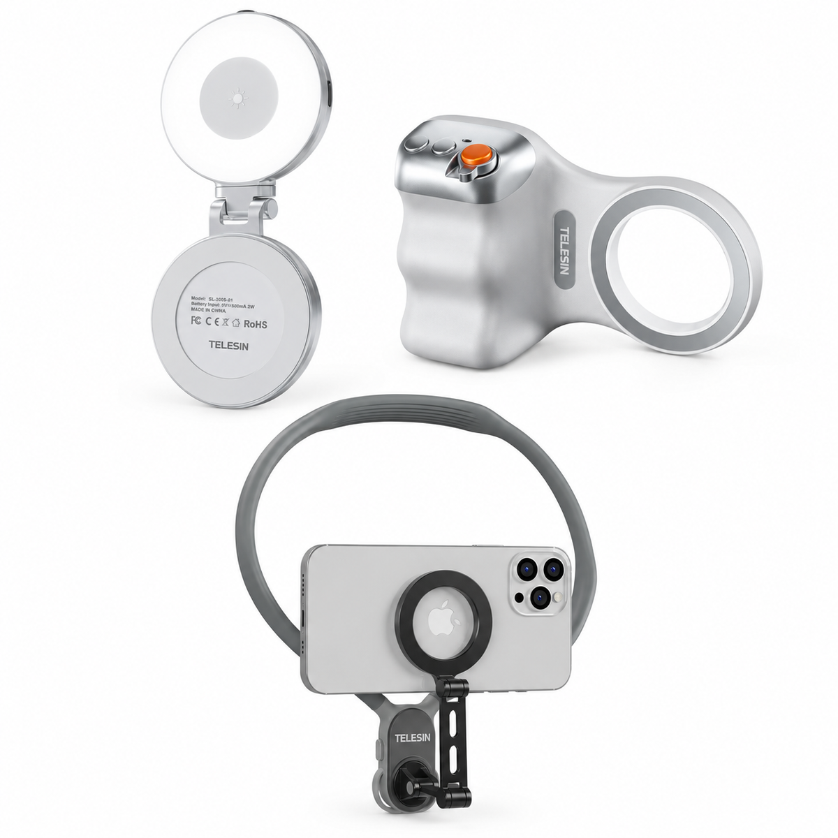 TELESIN Creator Bundle – Magnetic Grip 2, C03 Selfie Ring Light & Magnetic Neck Holder Max