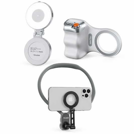 TELESIN Creator Bundle – Magnetic Grip 2, C03 Selfie Ring Light & Magnetic Neck Holder Max