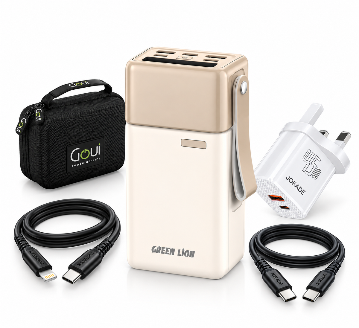 Voyager Power & Travel Bundle with Green Lion 60000mAh power bank, 45W charger, two fast charging cables and Goui organizer bag