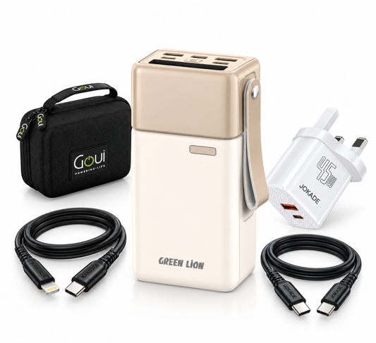 Voyager Power & Travel Bundle with Green Lion 60000mAh power bank, 45W charger, two fast charging cables and Goui organizer bag