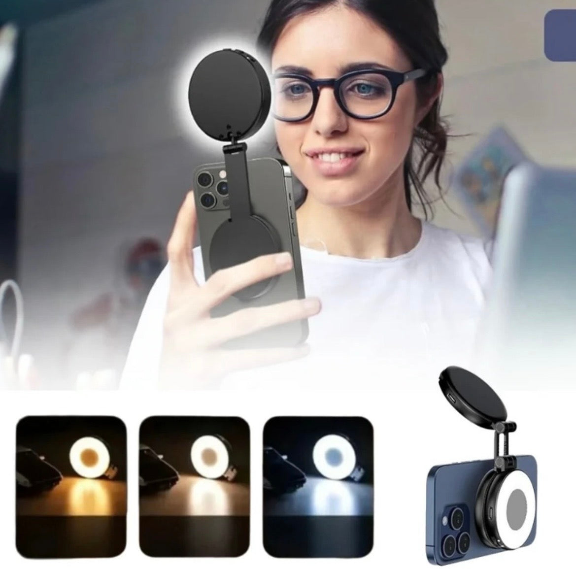 W50 magnetic phone fill light used for selfies with warm neutral and cool light modes