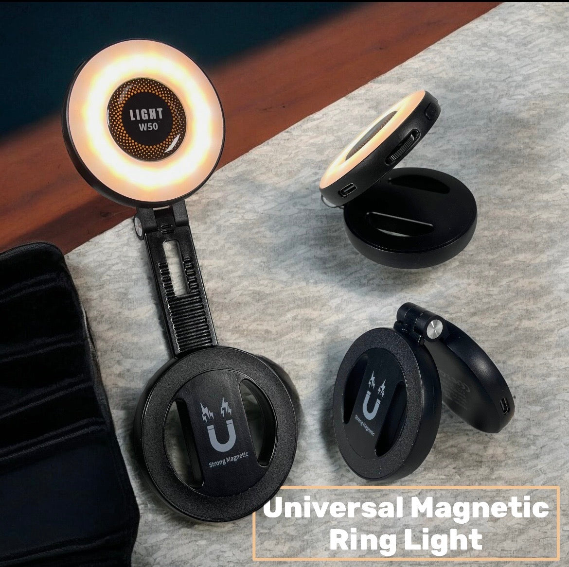 Black W50 magnetic ring light shown from multiple angles with USB-C charging port
