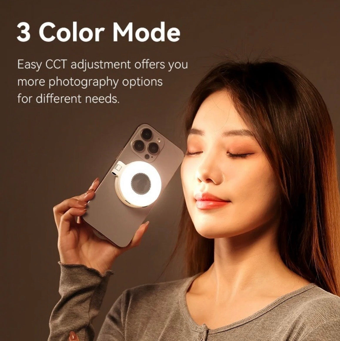 W50 MagSafe LED fill light demonstrating three color temperature modes for phone photography