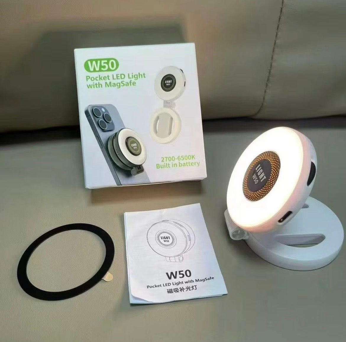 White W50 MagSafe magnetic LED fill light with product box magnetic ring and user manual