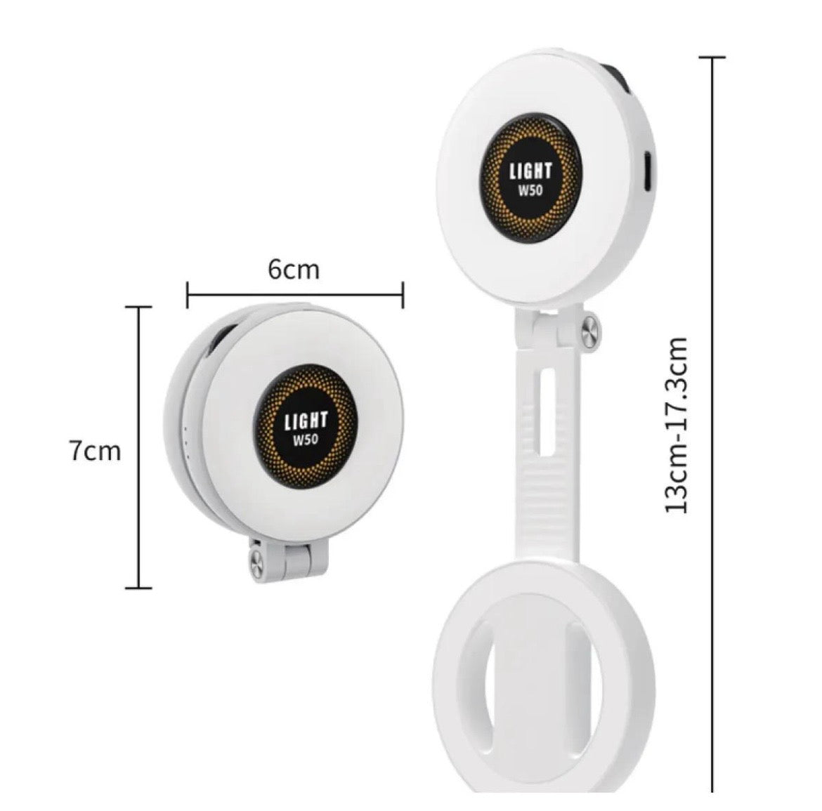 White W50 MagSafe magnetic LED fill light dimensions shown folded and fully extended