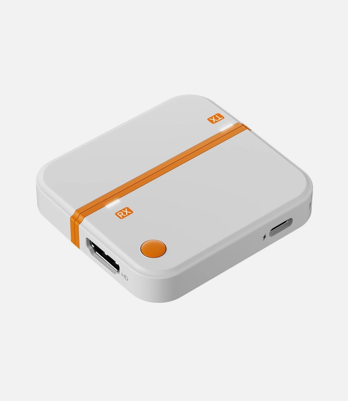 Compact wireless HDMI TX and RX units in white and orange