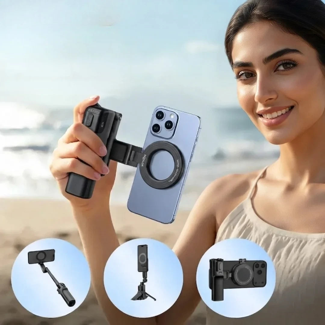 Woman holding the black WONEW Z3 MagSafe grip stand showing grip, selfie stick and tripod use
