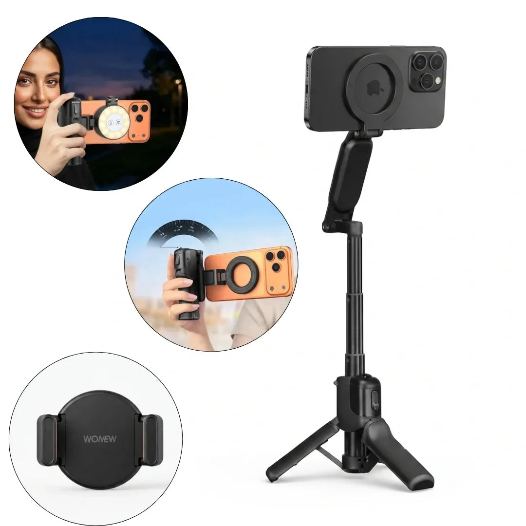 WONEW Z3 3-in-1 MagSafe grip stand showing handheld grip, selfie stick and tripod use modes